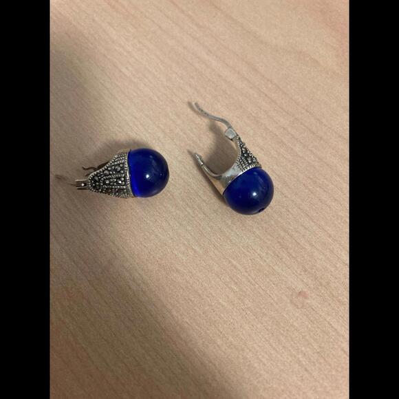 Unique Cobalt Blue Marcasite Earrings From Paris - Picture 1 of 6